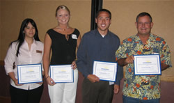 SAC Certificate Awardees Cristine Ike '03, Suzanne Kayser '05, Nate Hara '07, and Frank Krohn '77